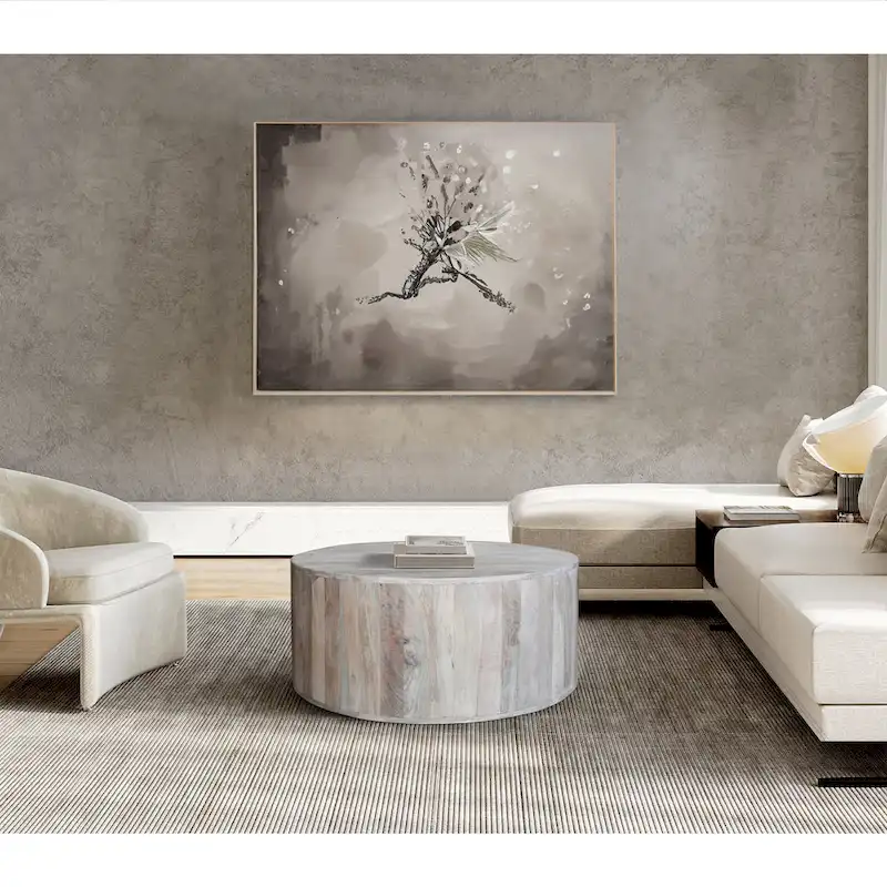 36 Inch Coffee Table, Handcrafted Drum Shape, Washed White Mango Wood