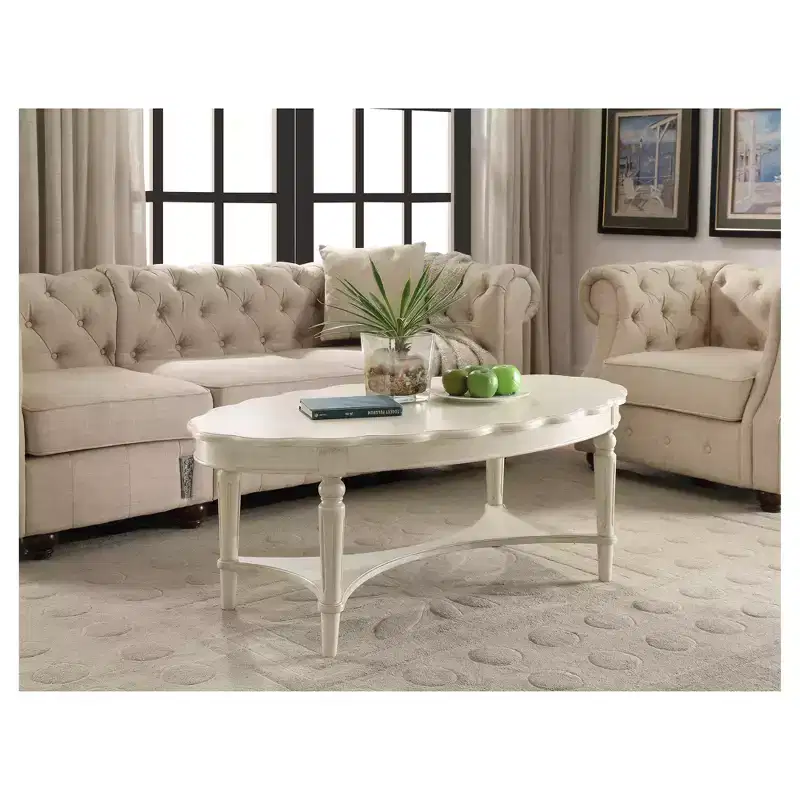 White Oval Coffee Table, Antique Finish, Wood Legs, 1-Piece