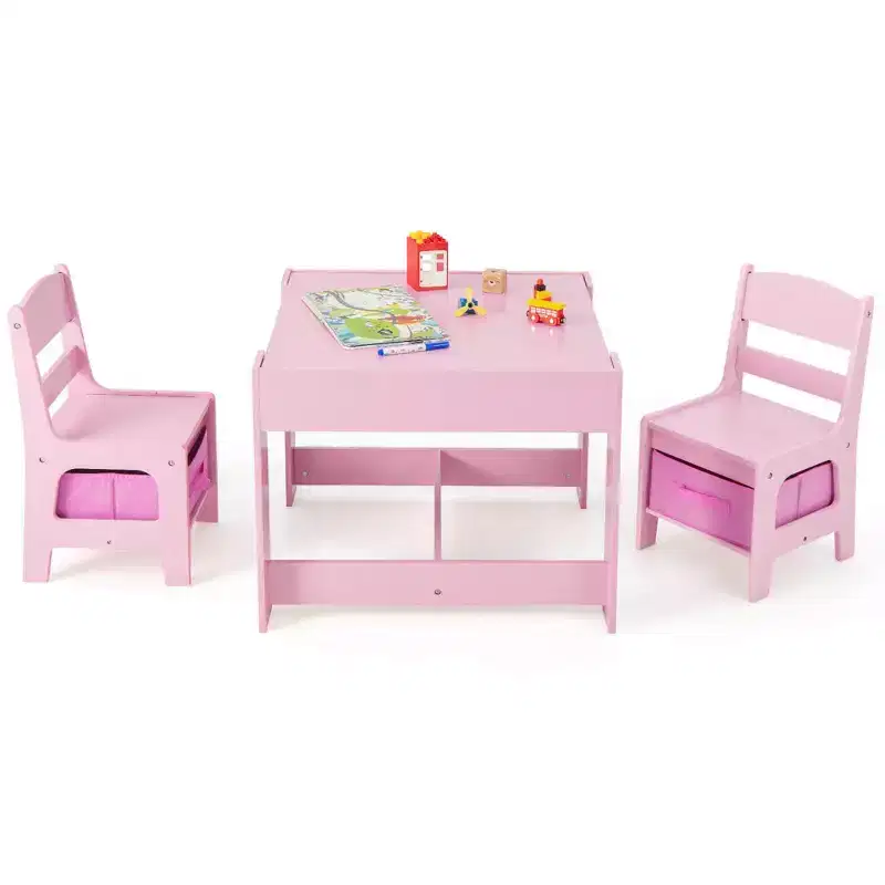 Costway 3 in 1 Wood Activity Table Chair Set w/Storage Box Pink