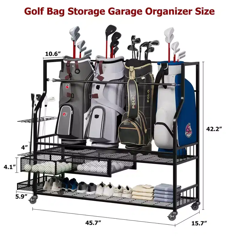 Golf Bag Storage Rack with Wheels & Drawers - 4-Bag Organizer for Garage Home
