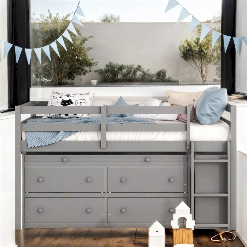 Full Size Wood Loft Bed with Retractable Writing Desk and 4 Drawers