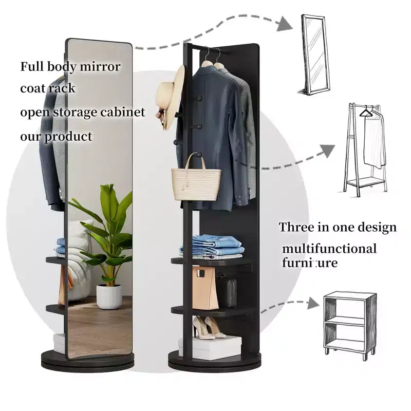 Modern Rotating Full Length Mirror with Functional Hook Coat Rack,Freestanding Floor Mirror for Bedroom,Dressing Room,Black