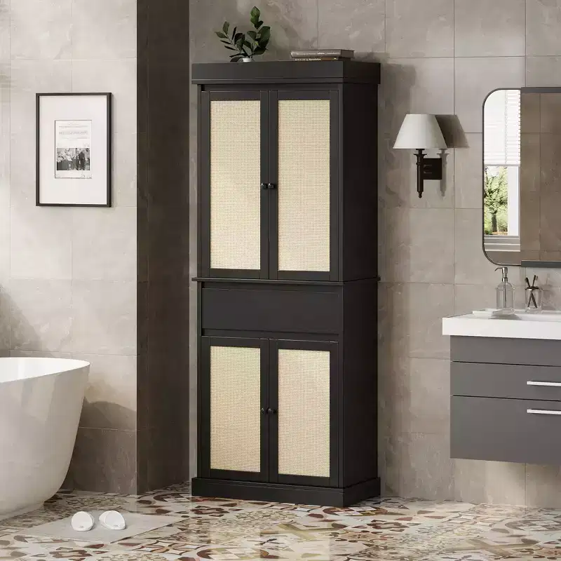 Rattan Kitchen Pantry Storage Cabinet,Cabinet,69 Freestanding Cupboard Cabinet with Drawer with Doors and Adjustable Shelves for Bathroom