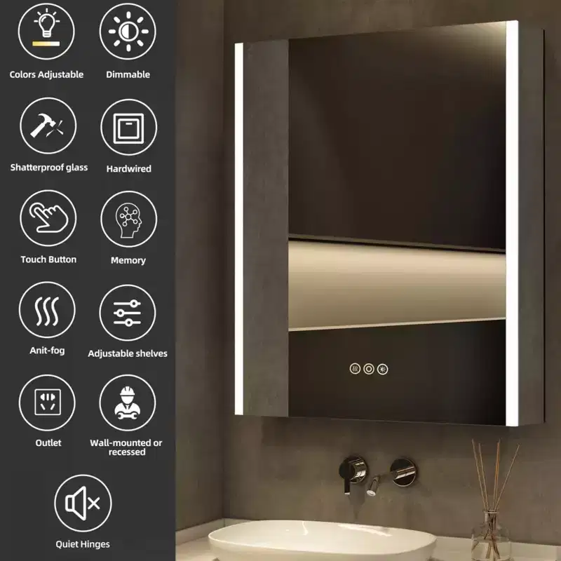 LED Medicine Cabinet with Mirror, Surface or Recessed Mount, 3-Color Dimmable Light, Anti-Fog, USB & Outlet