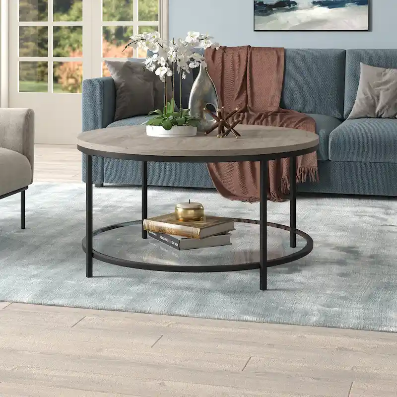 Sevilla 32 Wide Round Coffee Table with MDF Top and Glass Shelf - 32 Wide