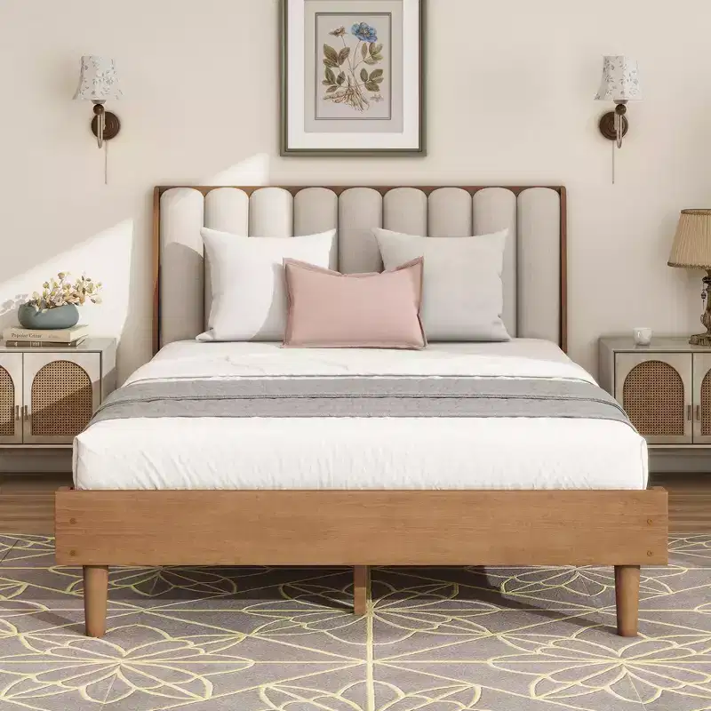 GDFStudio Ophelia Farmhouse Wooden Bed with Upholstered Headboard