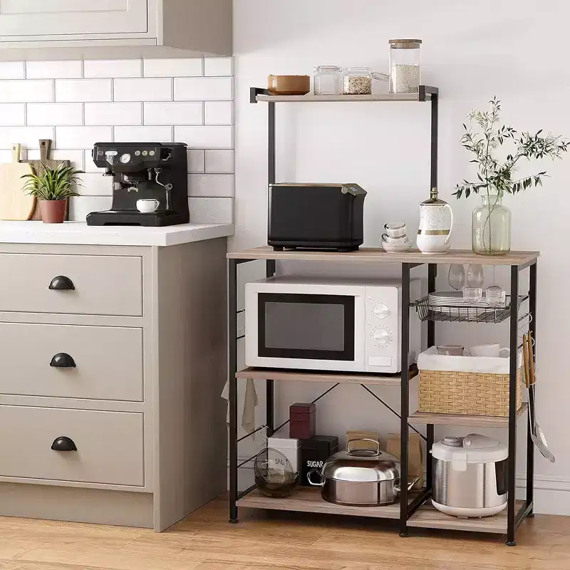 Baker's Rack Microwave Stand, 4 Shelves, Wire Basket, 6 Hooks, Steel, 52.8