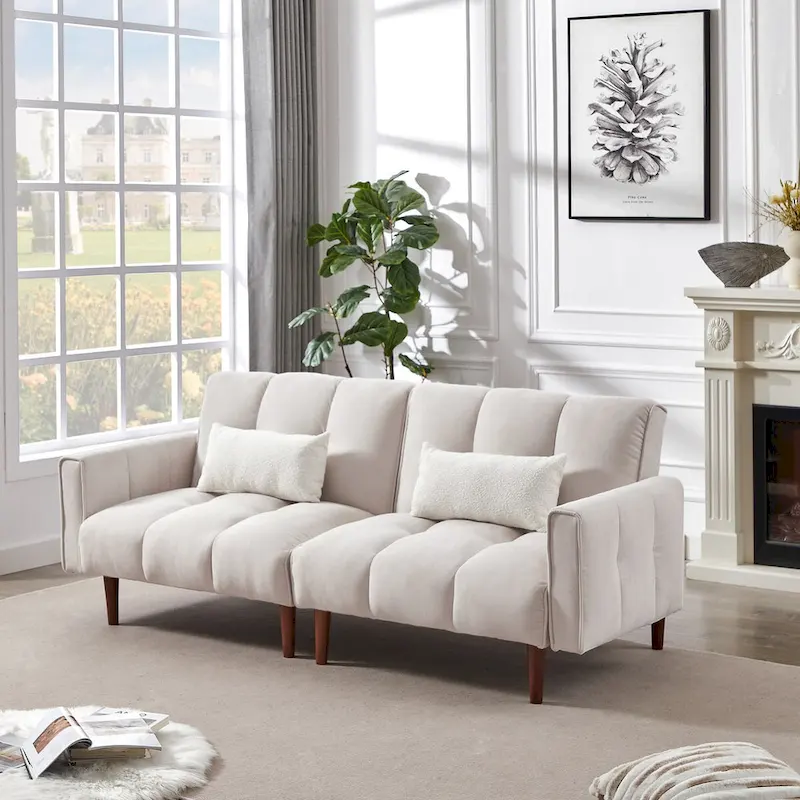 Convertible Futon Sofa Bed, Adjustable Couch Sleeper, Modern Fabric Linen Upholstered Futon Sofa bed with 2 Pillows