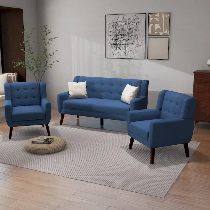 Tufted Linen/Cotton Loveseat with 2 Accent Chairs