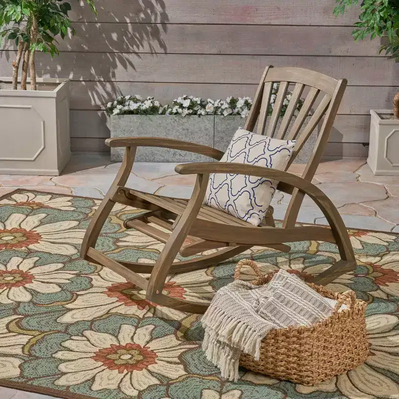 Okak Sleek Boho Recliner Chair Acacia Rocking Chair with Retractable Footrest for Garden,Porch&Backyard,Outdoor Leisure Chair