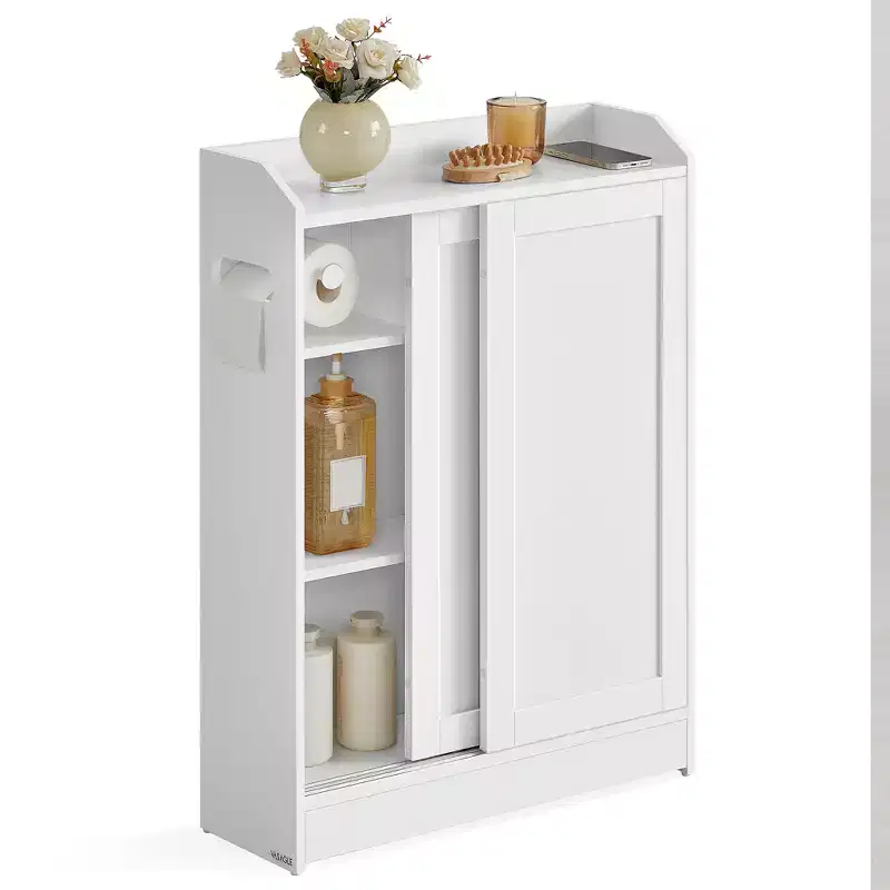 Slim Bathroom Storage Cabinet, Toilet Paper Holder and Brush Compartment, Sliding Doors, Adjustable Shelves