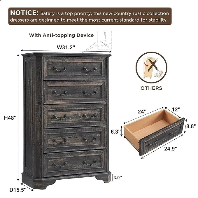 5-Drawer Dresser with Rustic Wood Finish