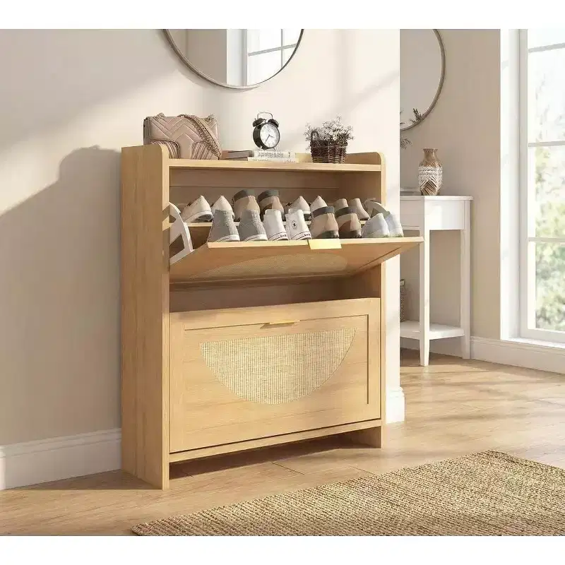 Rattan Shoe Cabinet with 2 Flip Drawers, Natural Wood Shoe Storage Cabinet for Entryway, Hallway, or Living Room