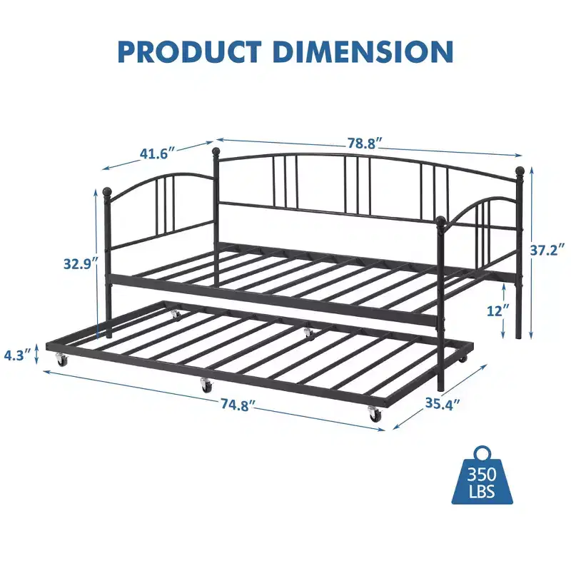 Daybed with Trundle, Sturdy Metal Day Bed with Steel Slat Support, Trundle Bed Twin with Arched Headboard, SofaBed for Living Room, Bedroom