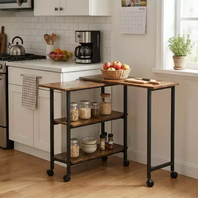 Rotating Side Table with 3-Tier Storage Shelves and Lockable Wheels