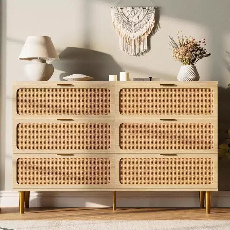 Rattan 6 Drawer Dresser for Bedroom, Large Double Dresser, Wooden Chest of Drawers for Closet with Wide Top, for Living Room, Hallway