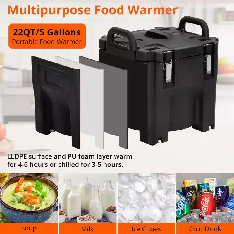 Insulated Food Pan Carrier with Spoon, 20L Capacity, Top Load, Stainless Steel, with Wheel and Side Lock