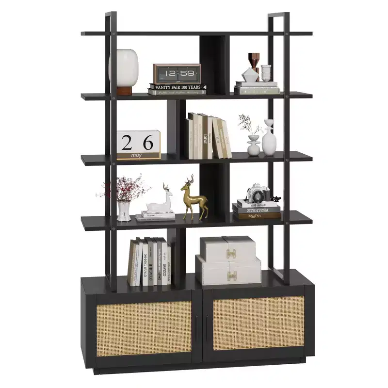 71.1 Inch Height 5-Tier Rattan Bookshelf with Storage and Open Display Shelves - Industrial Bookcase with Metal Frame for Living Room, Bedroom