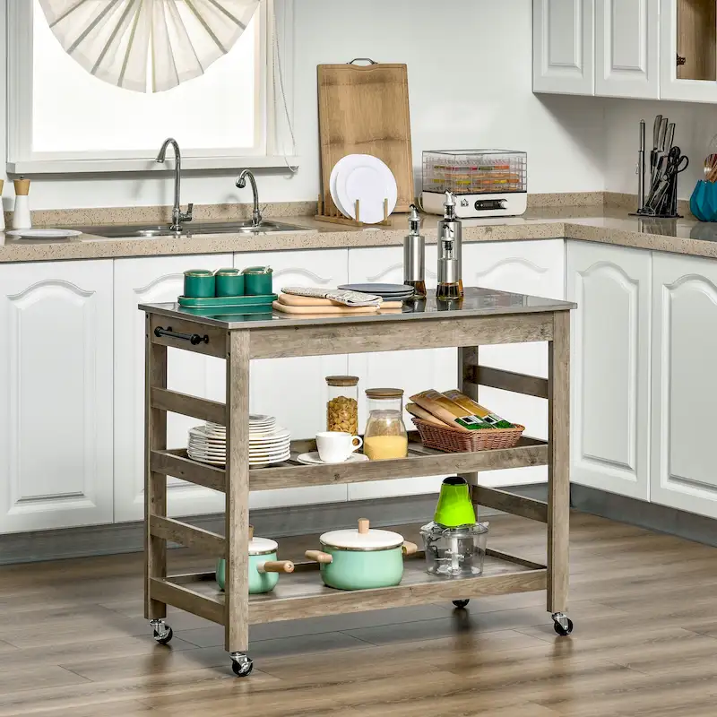 Kitchen Cart Rolling Kitchen Island Utility Trolley with Stainless Steel Top & Storage Wine Rack - 42.5  W x 19  D x 35  H