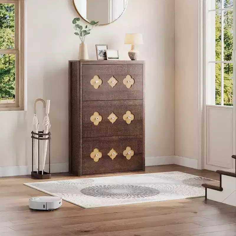 Freestanding Slim Shoe Cabinet with 3 Flip Drawers, Hidden Wood Shoe Cabinet with Hollow Out Flower Pattern and Diamond-Shaped Handles, for Home