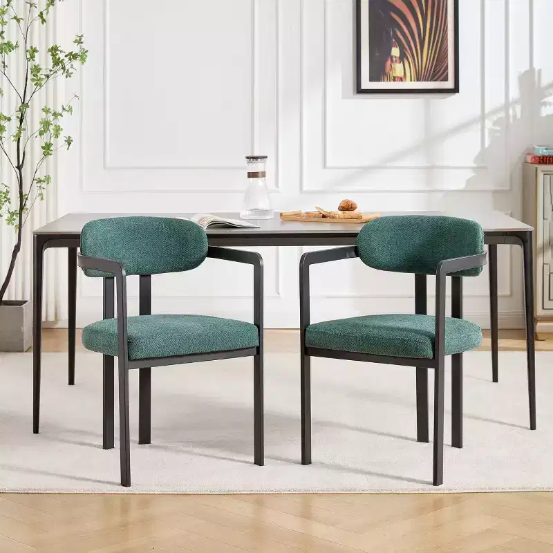 2 PCS Kitchen Chairs with Matte Metal Legs,Boucle Dining Chairs with Open & Curved Backrest,Ergonomic Dining Room Chairs for Living Room