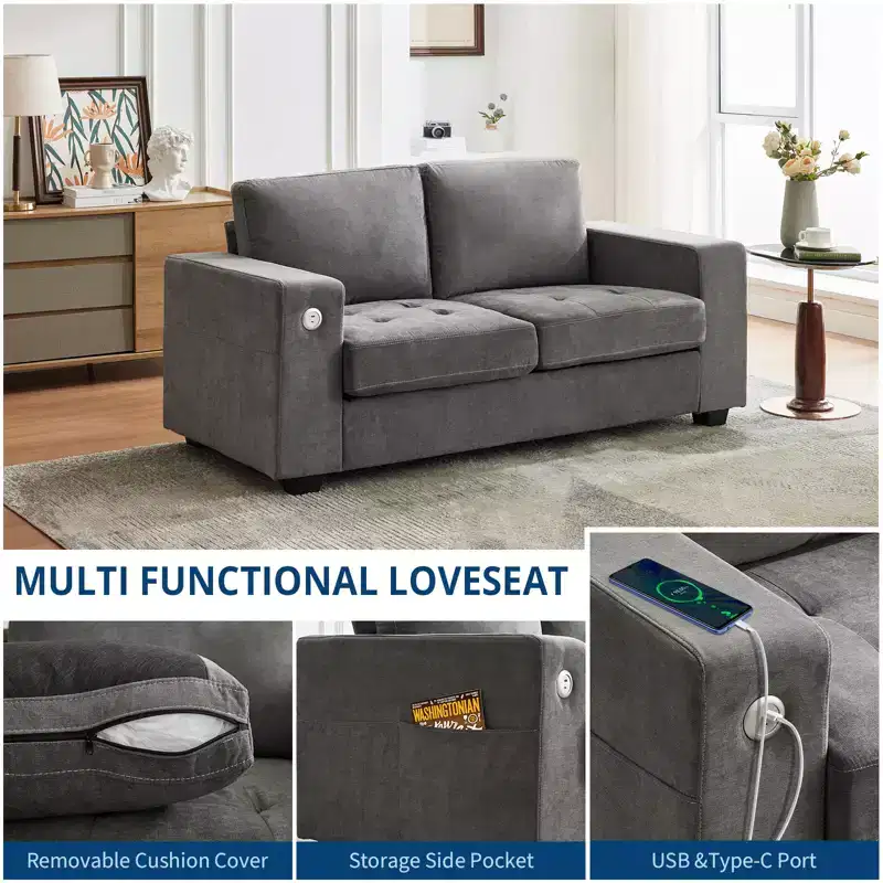 70'' Cloud Couch Mid-Century Chenille Sofa, Deep Seat, USB Ports, Side Pockets, No Assembly