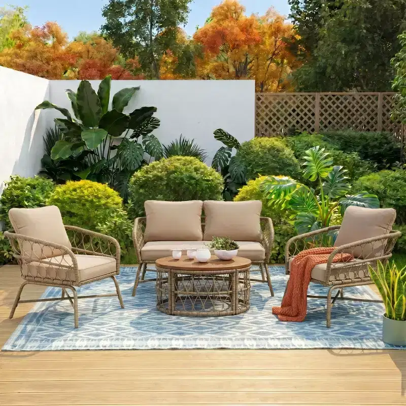 Whisen Weather Resistant Bohemia Wicker Patio Furniture Set Outdoor Seating Set Outdoor Sofa Chair With Removable Cushions and Wood Tabletop - Beige