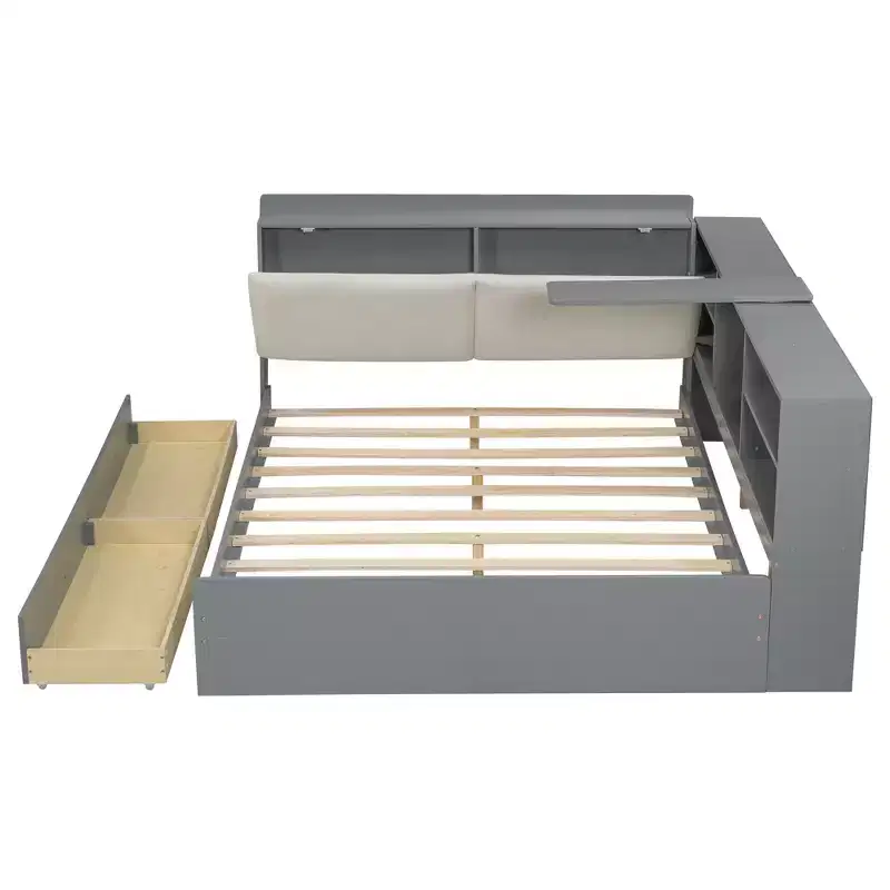 Full Size Platform Bed with Storage Headboard, Shelves and 2 Drawers