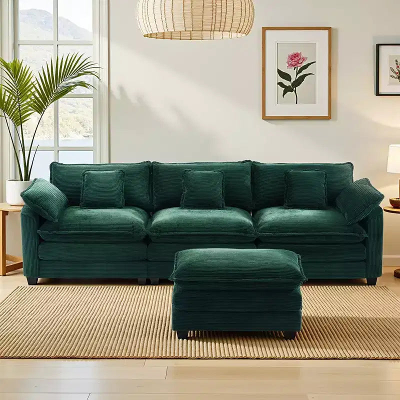 EHMKNP Chenille 3-Seat Sectional Sofa  Modular Deep Seat Sleeper Couch with Ottoman & Side Pocket