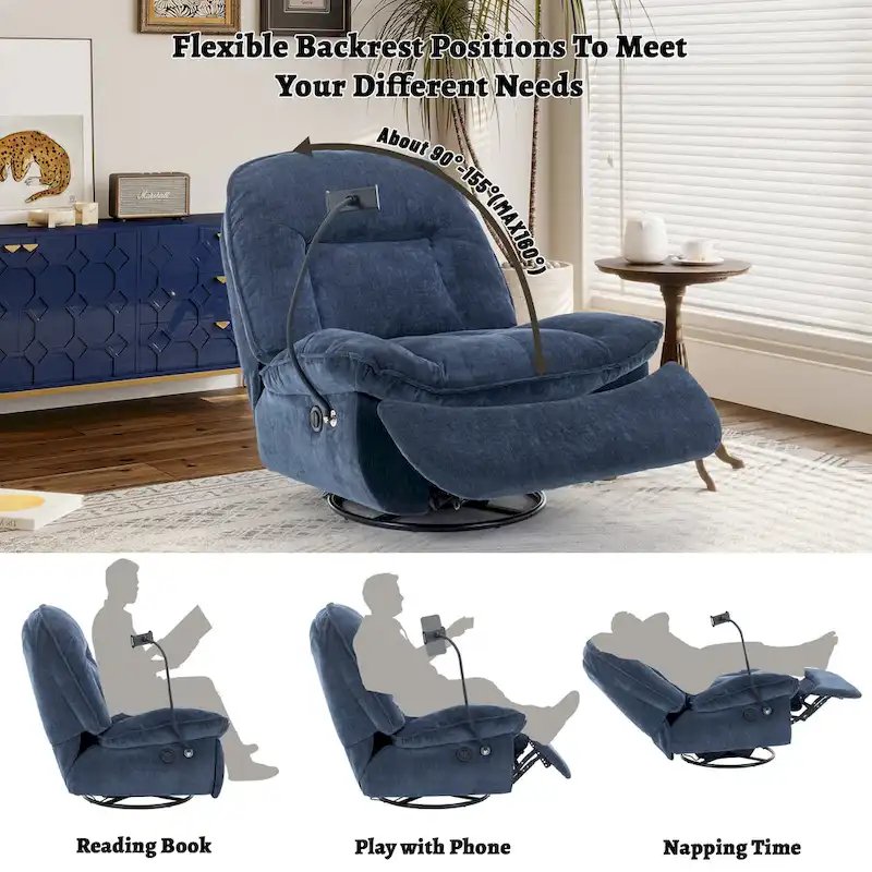 Clihome Adjustable Swivel Chenille Recliner with Phone Holder
