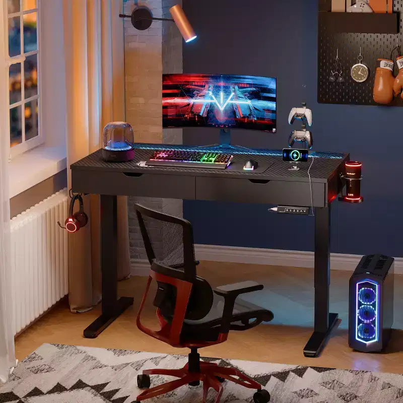 47 Inch Electric Standing Desk with 2 Drawers & LED Light for Home Office, Height Adjustable Computer Desk, Gaming Table with USB Charging
