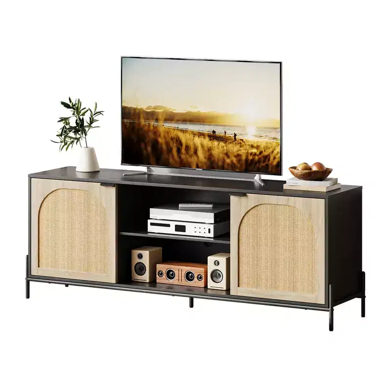 Living room TV cabinet with three drawers, entertainment centre with storage functionality, rattan media unit with metal legs