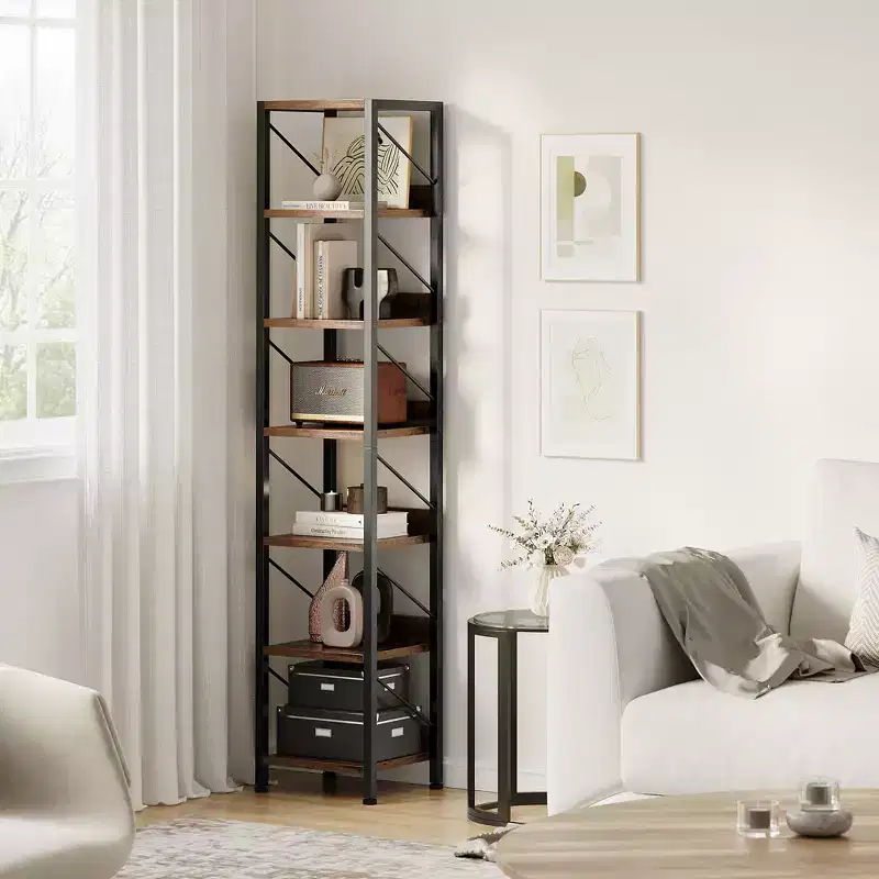 Slim Iron Wood Bookshelf Vintage - Narrow Space Saving Storage Shelf for Small Spaces, Retro Home Decor