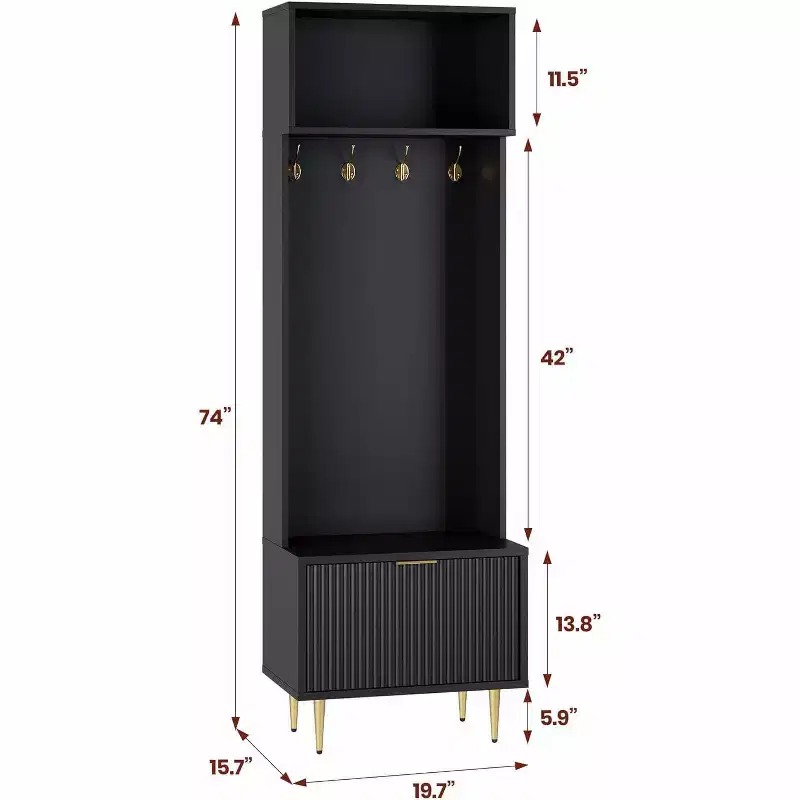 74 Modern Hall Tree with Bench & Storage, Entryway Organizer with 4 Gold Hooks, Shoe Cabinet for Living Room, Coat Rack with Metal Legs