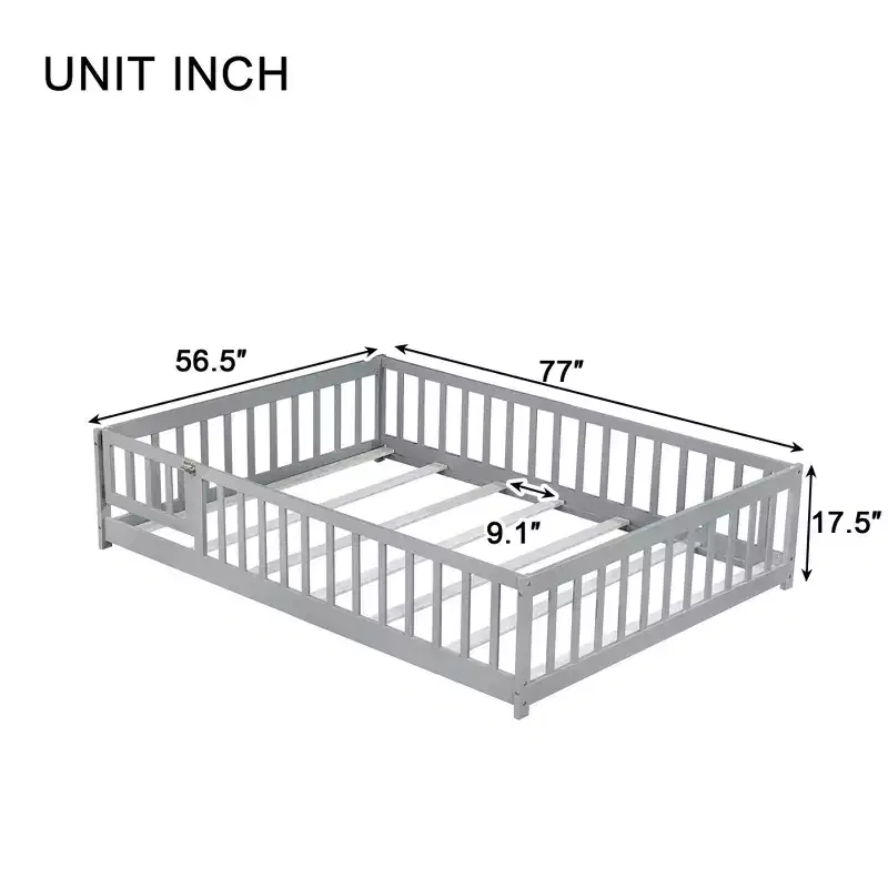 Full Floor Bed with Fence and Door, Solid Wood Kids Platform Bed Frame