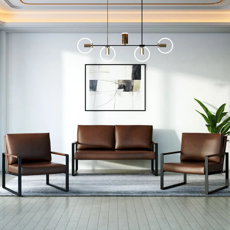 Mieres Mid-Century Style 3-Piece PU Leather Living Room Sofa Set Including 2 Armchairs and 1 Loveseat Sofa