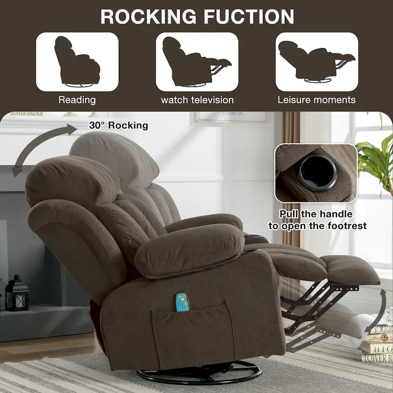 Dotted Velvet Massage Heated Manual Recliner Chair w/360 Swivel Base