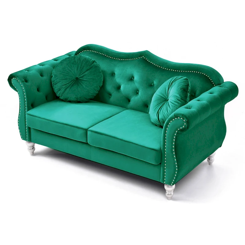 Hollywood 68 in. Velvet Chesterfield Loveseat with 2-Throw Pillow - 68L x 35W x 34H