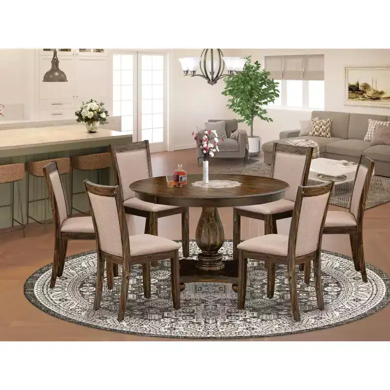 HomeStock Belmont 7 Piece Dinner Table Set Includes a Dining Table , 6 Dark Khaki Linen Fabric Dining Chairs , High Back - Distressed Jacobean Finish