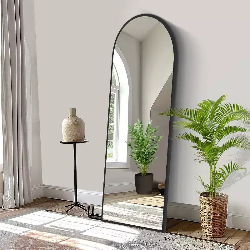 64x21 Aluminum Alloy Thin Frame Right Angle Arched Full Length HD Glass Floor Mirror Modern Decor for Bedroom Living Room Entryway Black