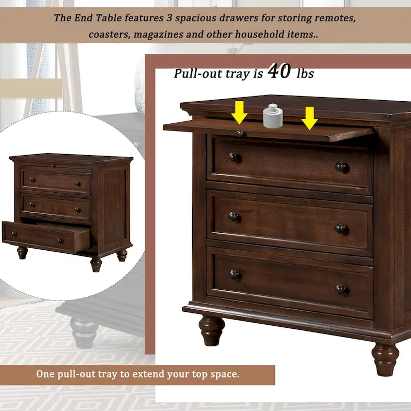 Solid Pine Wood End Table with Pull-out Tray and 3 Drawer, Easy Assembly