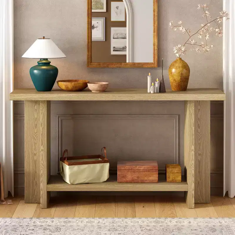 Vintage-Inspired and Ash Wood Veneer Console Table with T-Leg