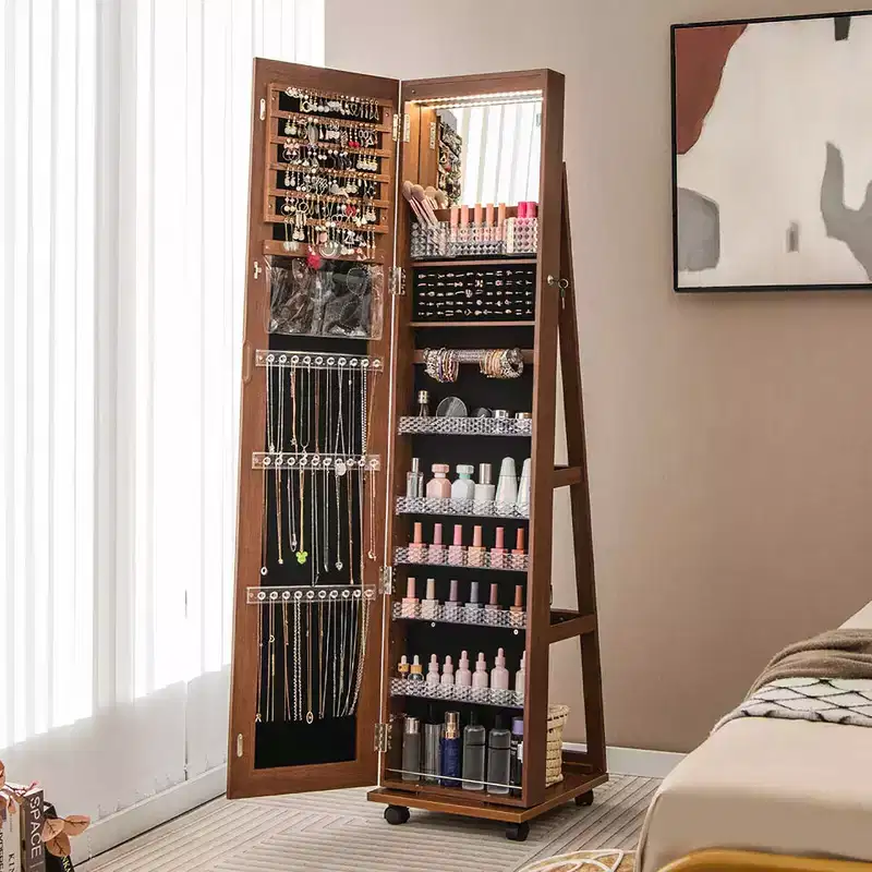 64-Inch Lockable Jewelry Cabinet Armoire with Mirror and LED Lights