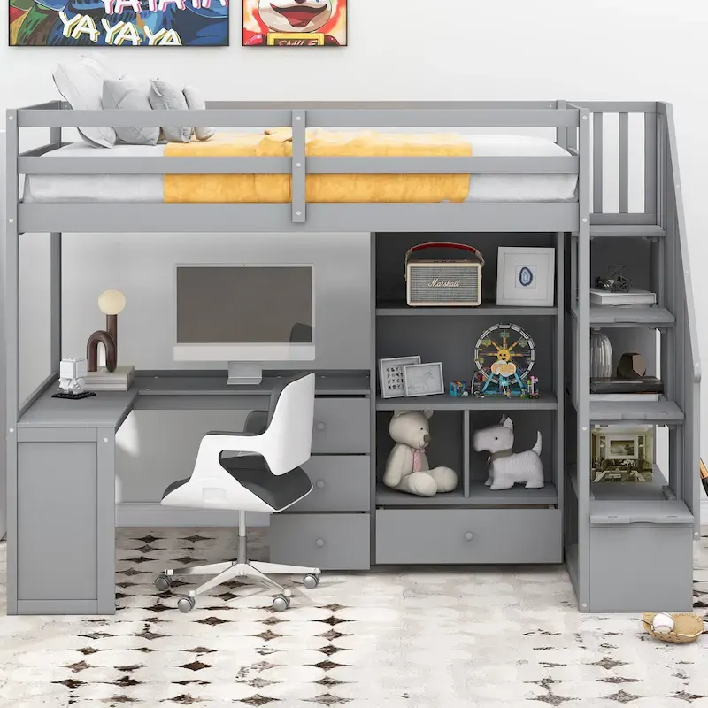 Twin Size Loft Bed with L-Shaped Desk, Drawers, Cabinet and Storage Staircase – Gray