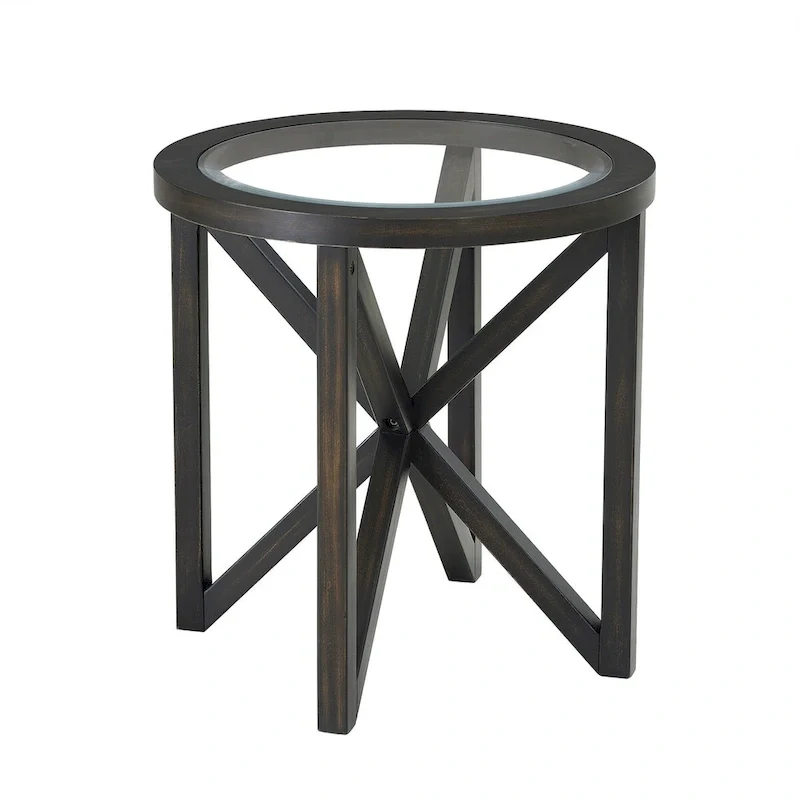 Tempered Glass Coffee Table Solid Wood Base Round Transparent Glass Top