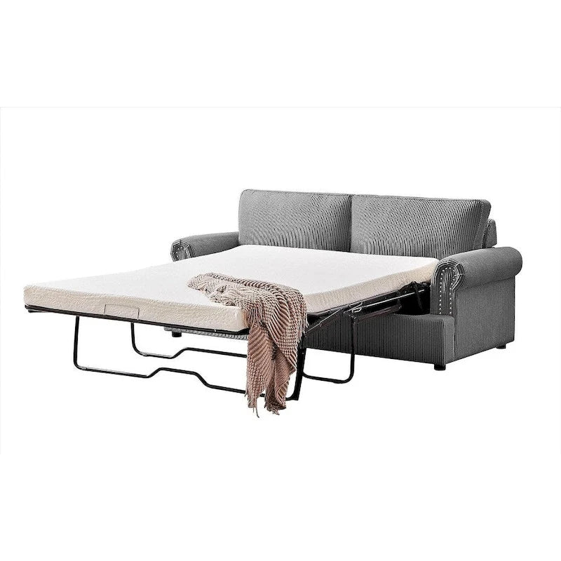 76-Inch Corduroy Sofa Bed with Round Arms and Pull-Out Queen Mattress