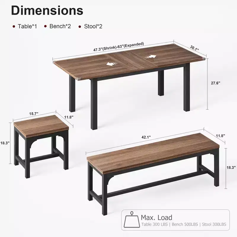 5 Pieces Dining Table Set for 4-6, 63 Large Extendable Dining Room Table Set for 4, Kitchen Table with Benches and Stools