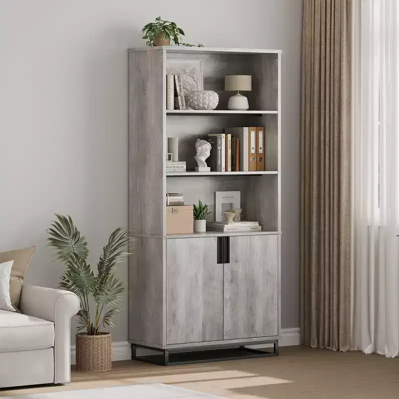 70.6 Tall Bookshelf w/Doors & Metal Base, 5-Tier Bookcase with Cabinet and Adjustable Shelf, Wooden Book Shelf Farmhouse Bookcase for Living Room