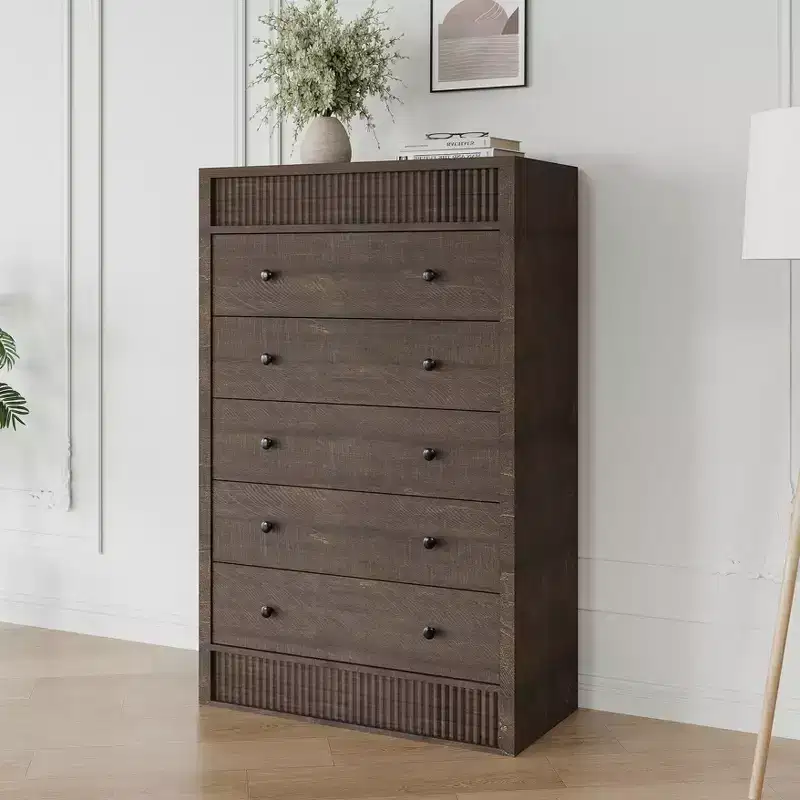 31.5 W Tall Dresser for Bedroom, Fluted Chest of Drawers, Modern Wood Storage Cabinet with 5 Drawers, for Kids Room, Hallway, Living Room