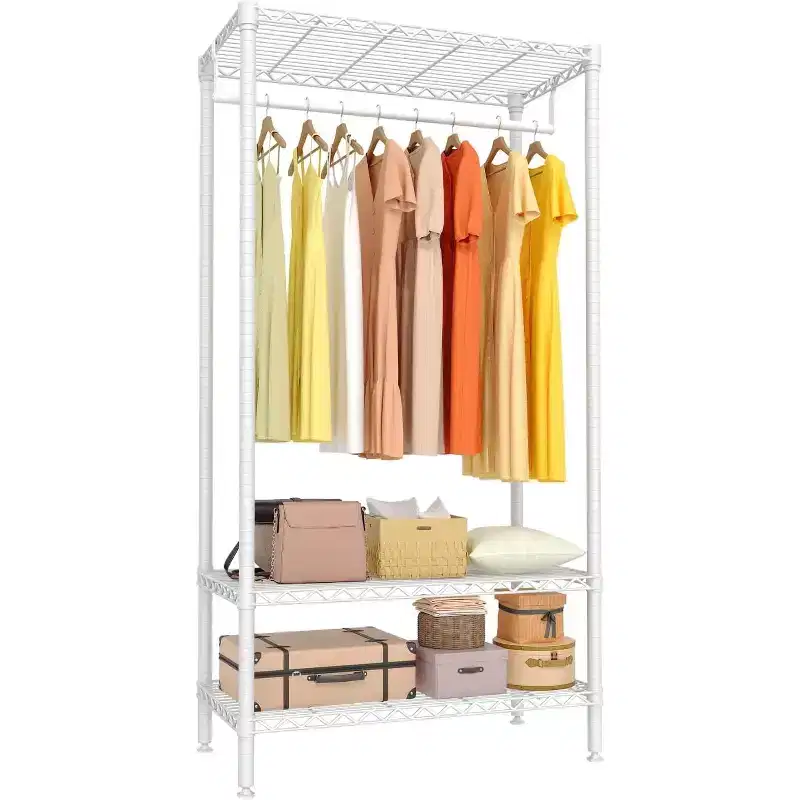 3-Tier Clothes Rack with Shelves, Freestanding Portable Clothing Racks with Hanging Rod, Space Saving Adjustable Garment Rack for Bedroom